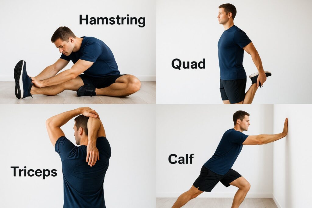 Split image showing different static holds — hamstring, quad, triceps, and calf — labeled.