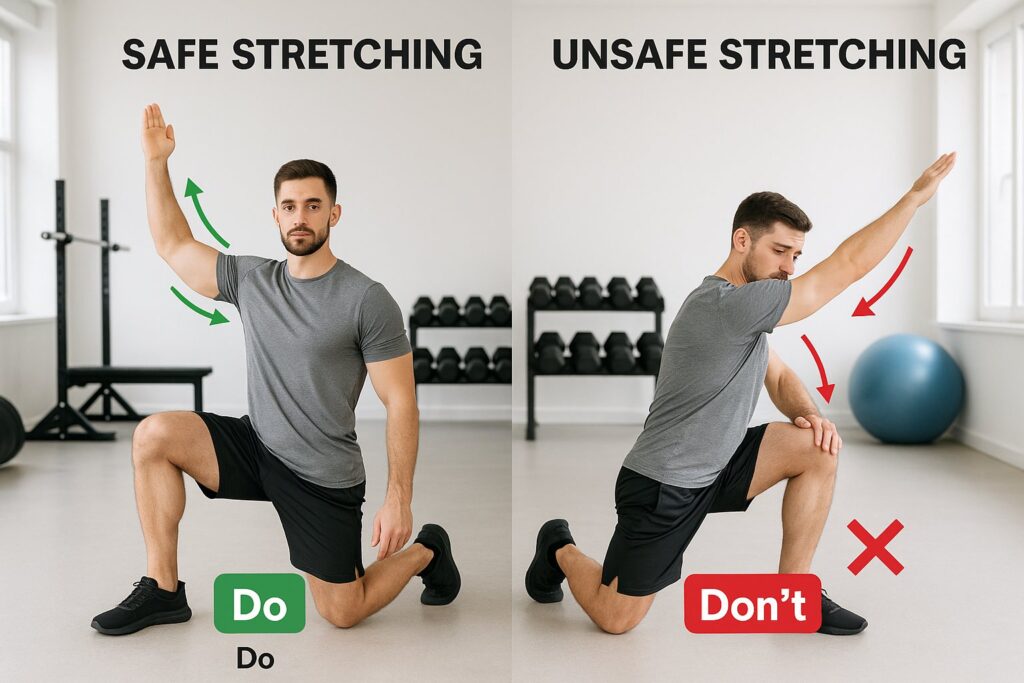A coach showing safe vs. unsafe stretching with arrows and dos/don'ts overlays.
