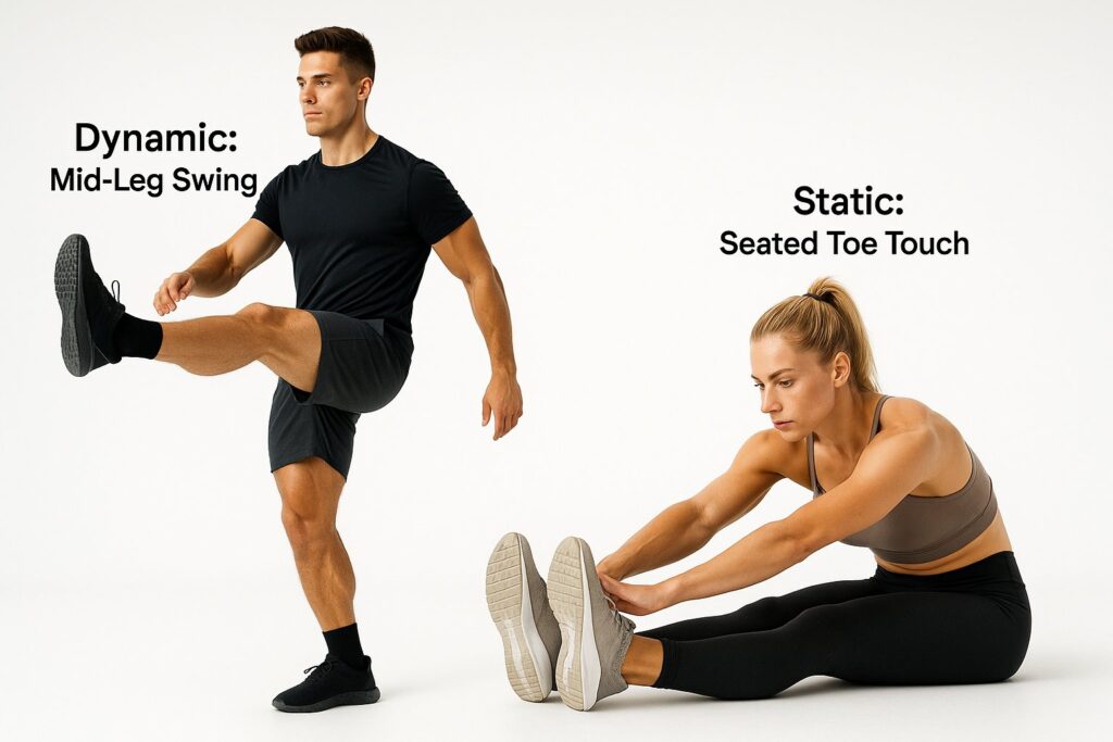 Two fitness models demonstrating side-by-side movements of dynamic vs static stretching — one mid-leg swing (dynamic) and one in seated toe touch (static), labeled.