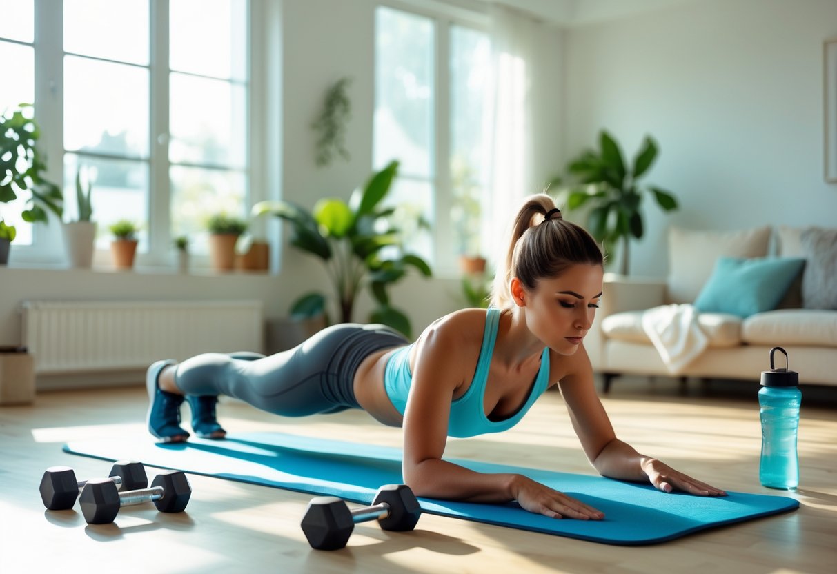 A woman doing a plank exercise on a yoga mat in a bright, tidy living room with workout equipment nearby.