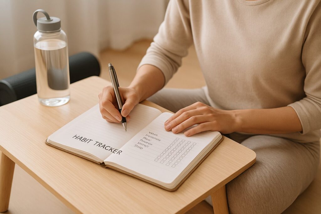 Person journaling habits or self-care checklist near a foam roller and water bottle.