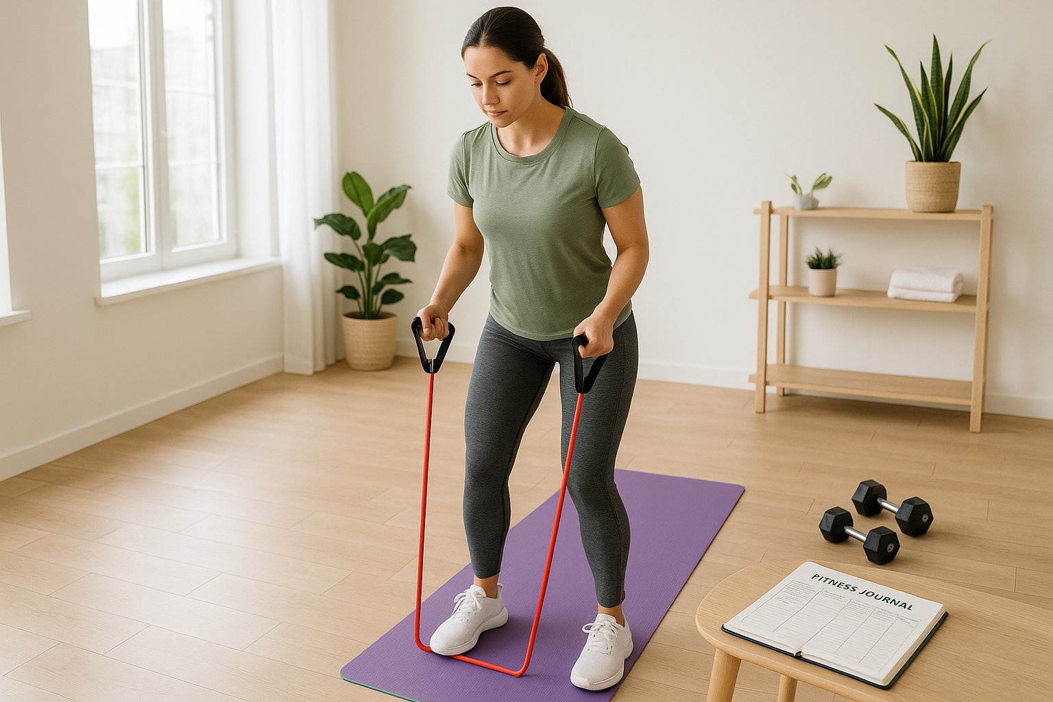 Person in a bright home gym setting, using resistance bands and a yoga mat, planning their workout with a fitness journal.