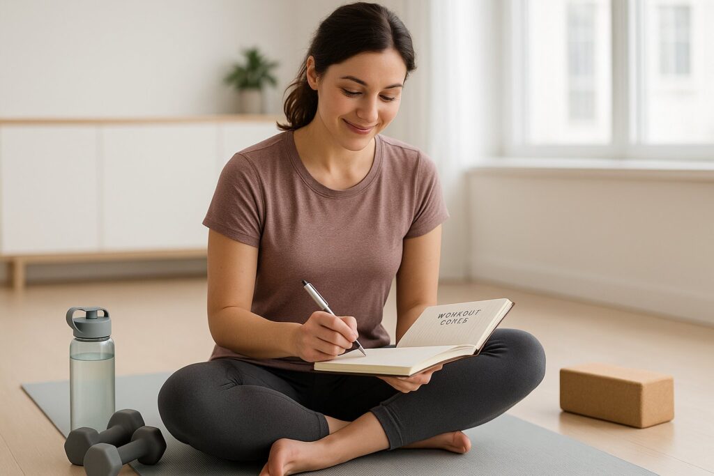 Showing How to Build a Workout Routine at Home, person writing workout goals in a journal while sitting on an exercise mat.