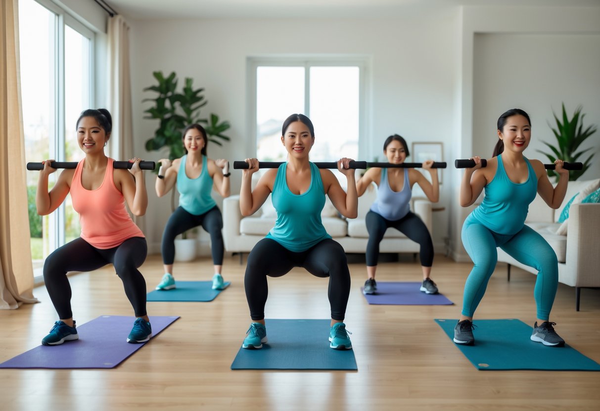 A group of people exercising with no equipment in a bright living room, doing bodyweight exercises on yoga mats.