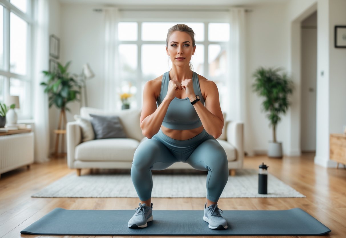 A young woman exercising in a bright living room, performing a bodyweight workout without equipment.