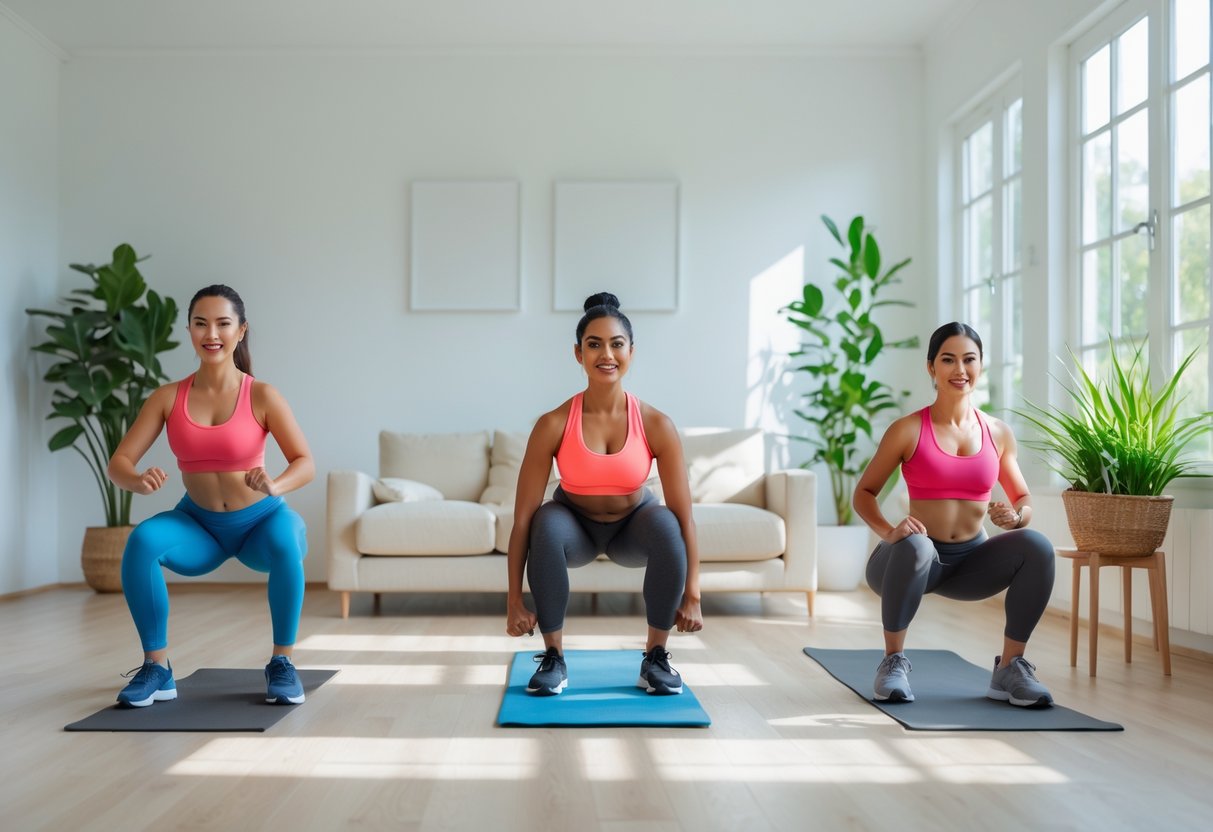 Three diverse people exercising in a bright living room doing bodyweight workouts without equipment.