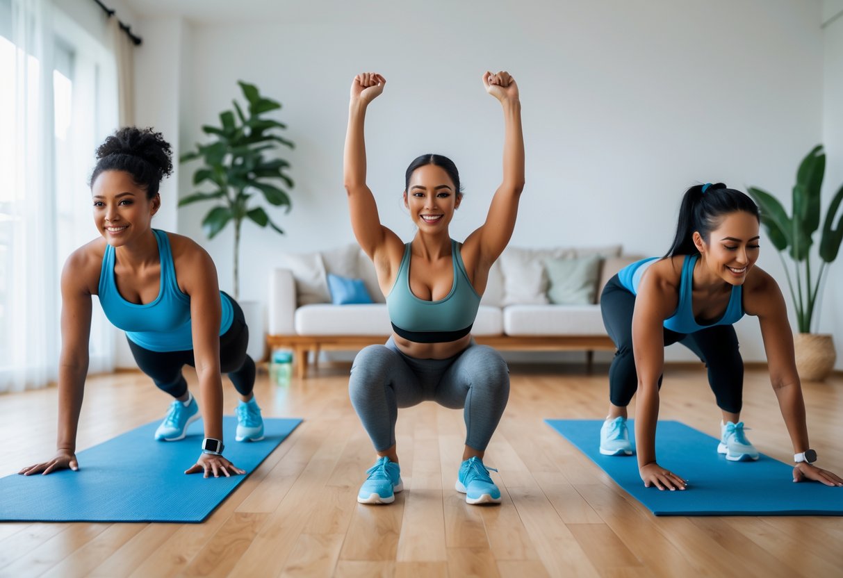 Three people exercising at home performing modified no-equipment workouts in a bright living room.