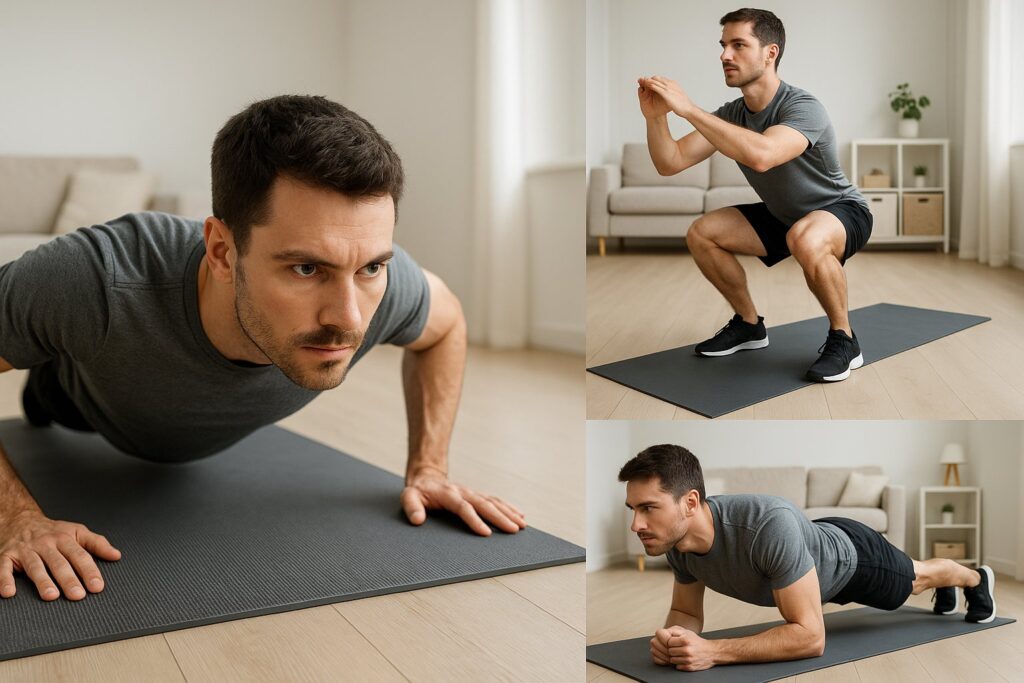 Collage-style image showing push-ups, squats, and planks being done on a yoga mat at home, simple clean environment. This is No Equipment Home Workout Plan