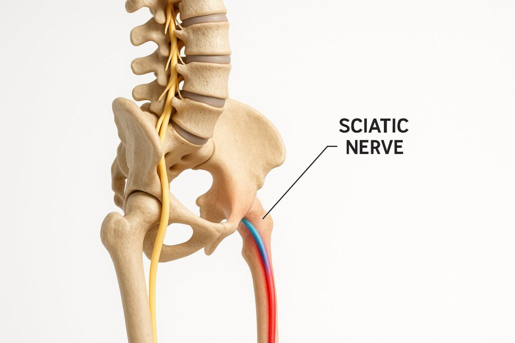 Medical-style graphic of the spine and sciatic nerve running down the leg.