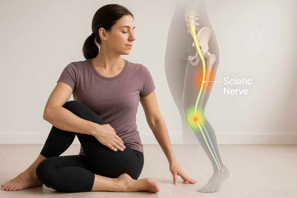 Person do sciatica stretching gently with anatomical overlay showing relief along the sciatic nerve.