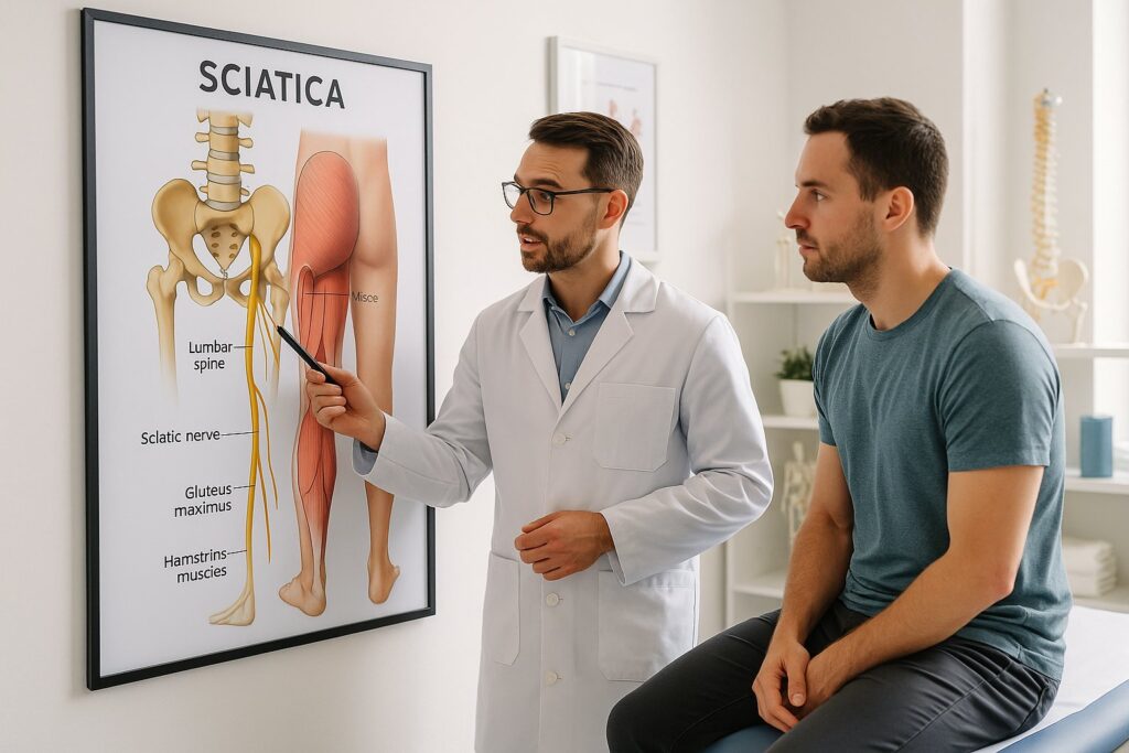 Professional setting – chiropractor or physical therapist explaining a sciatica diagram to a patient.