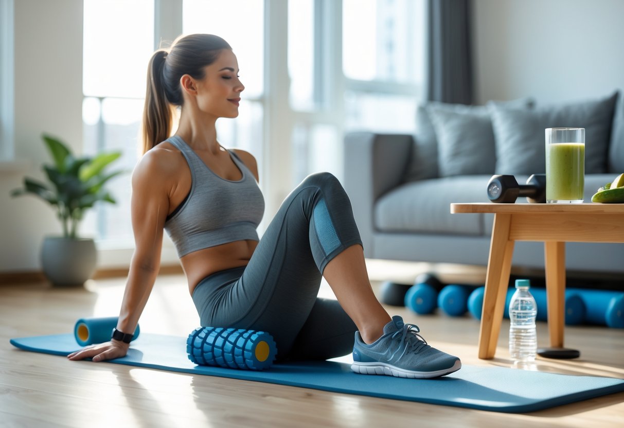 A person stretching on a yoga mat in a bright living room with a keto-friendly smoothie, foam roller, and workout equipment nearby.