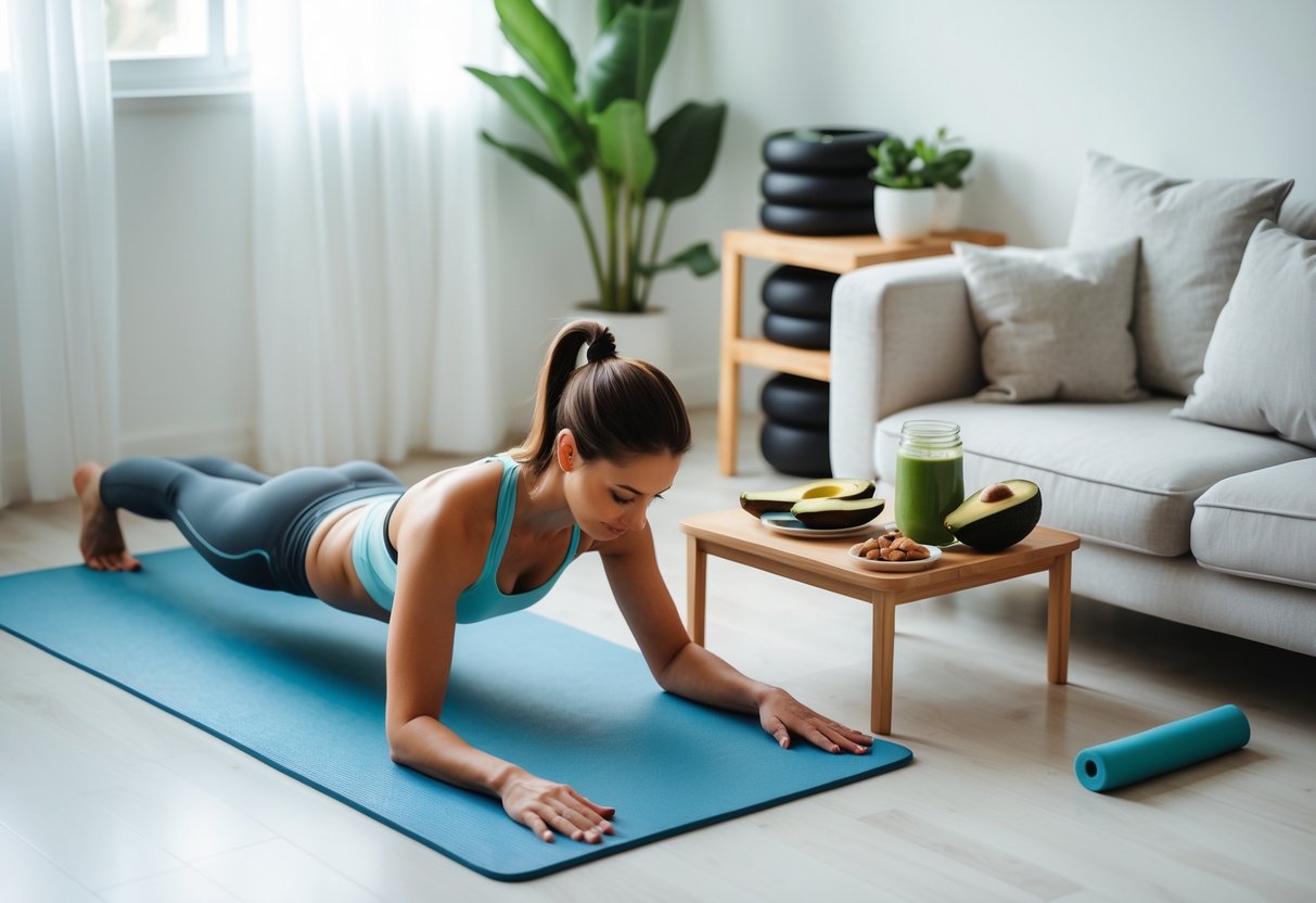A fit woman stretching on a yoga mat at home with keto-friendly foods and muscle recovery tips tools nearby.