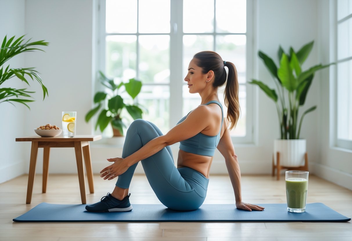 A fit woman stretching on a yoga mat in a bright home with a glass of water, a bowl of nuts, and a smoothie on a nearby table.