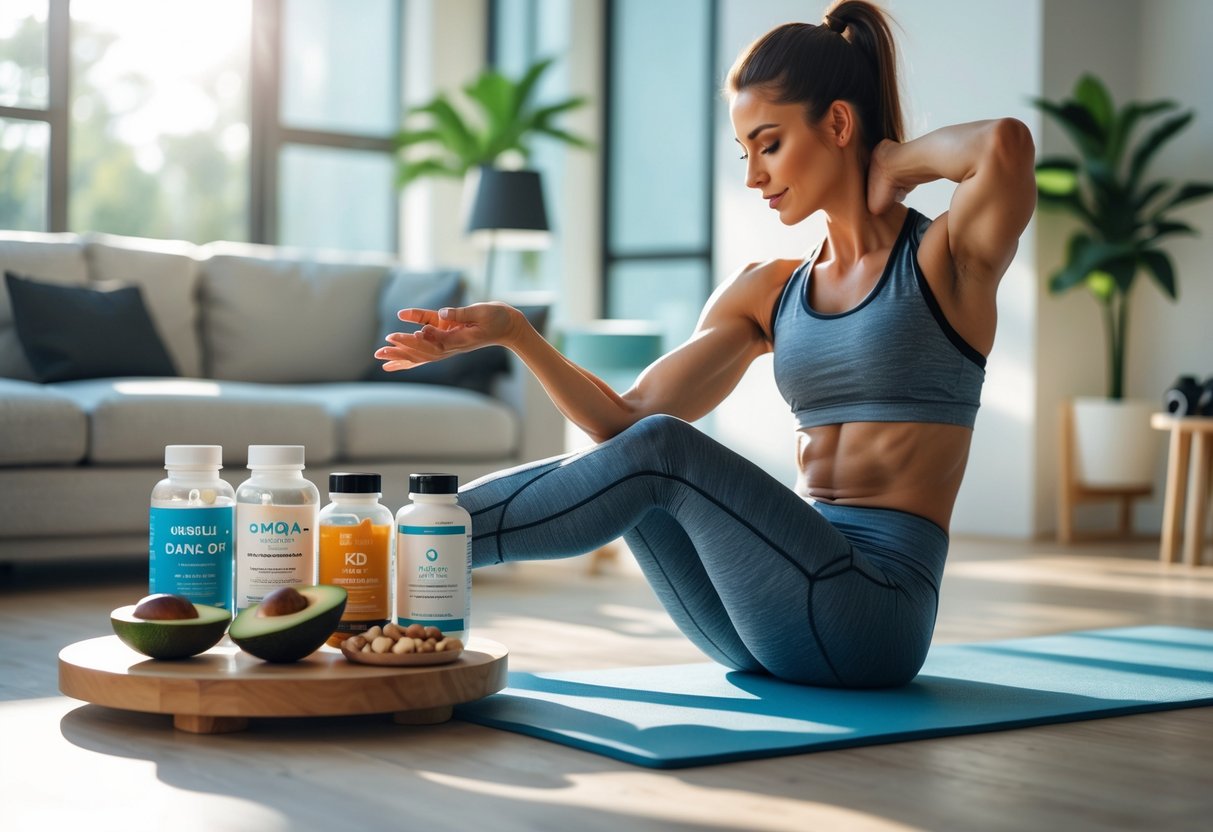 A person stretching on a yoga mat in a bright living room with keto-friendly supplements and healthy snacks on a nearby table.