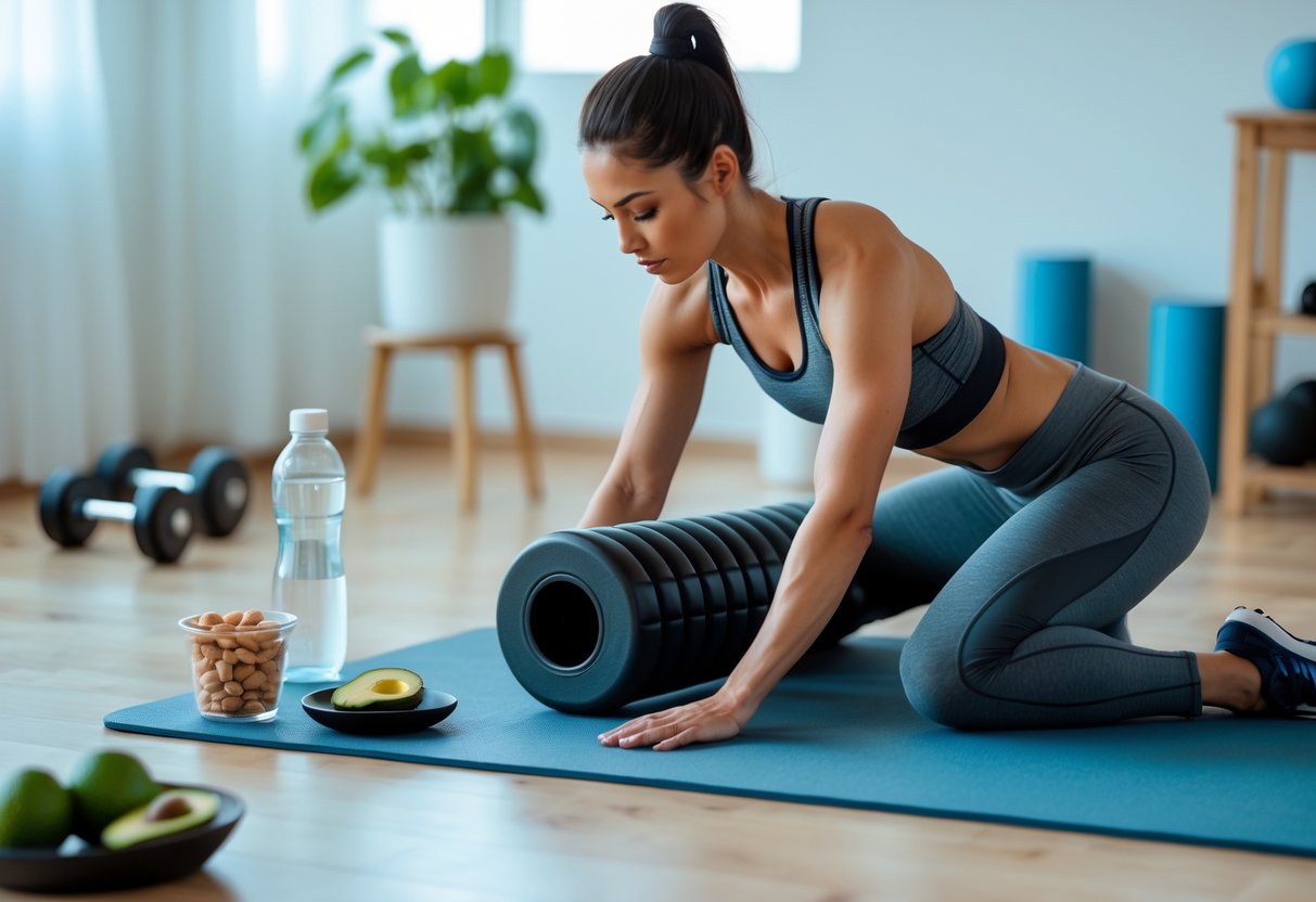 showing muscle recovery tips, a person stretching with a foam roller in a home workout space with keto-friendly snacks and workout equipment nearby.