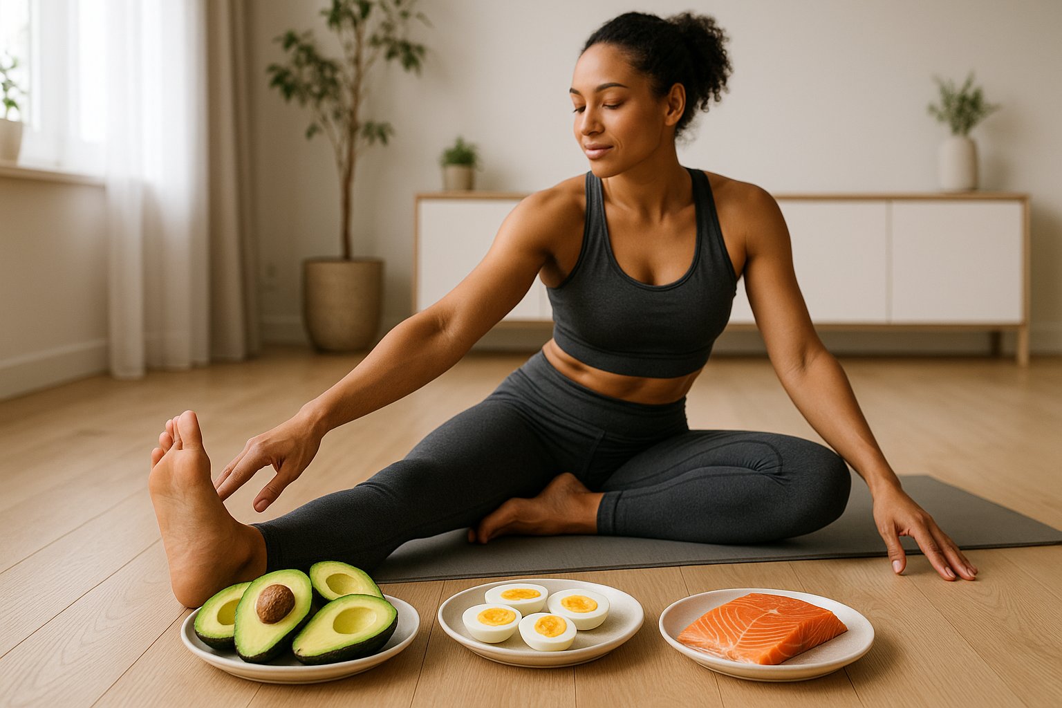 An athletic person doing post-workout stretching on a yoga mat at home, surrounded by healthy keto foods like avocado, eggs, and salmon, with soft natural lighting and minimalist interior — style: wellness magazine.