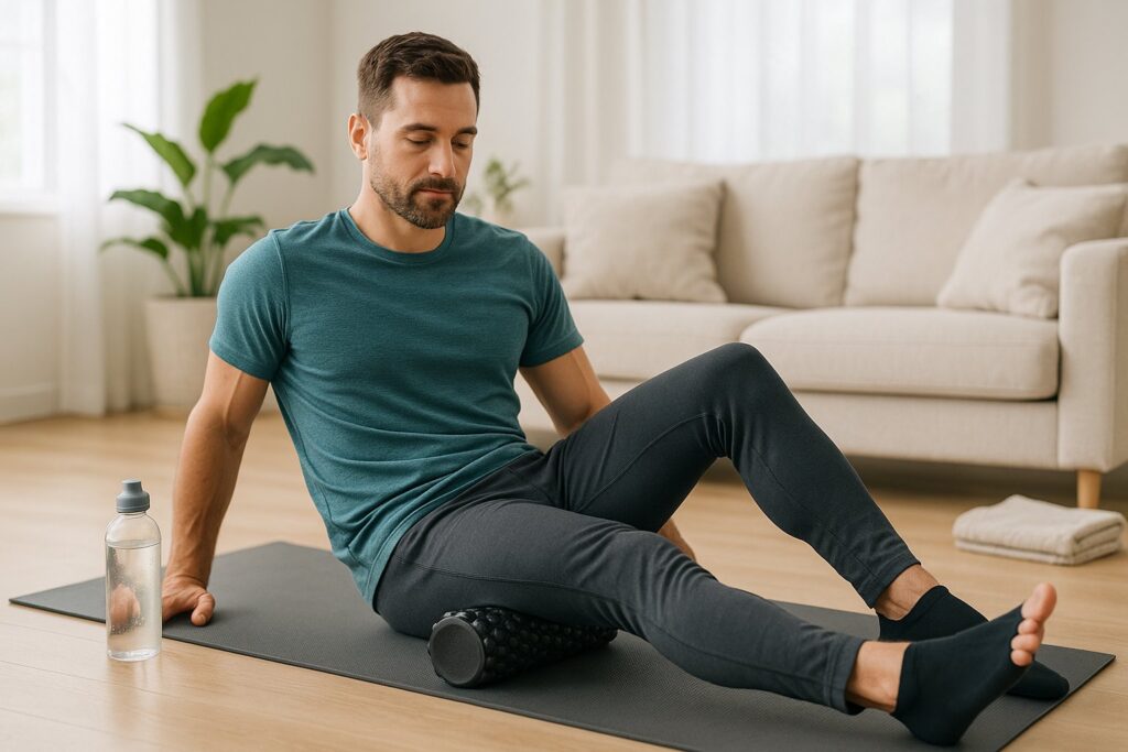 Showing muscle recovery tips, a calm home recovery scene with someone foam rolling or hydrating post-exercise.