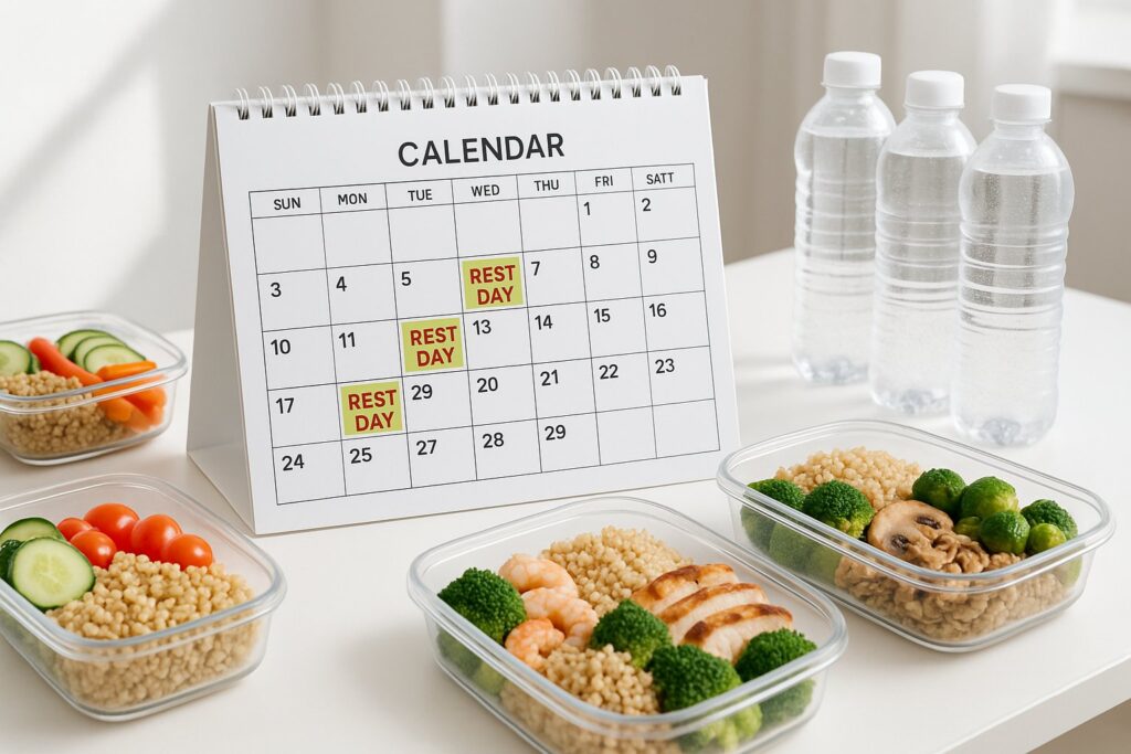 A calendar with "rest days" marked, meal-prep containers, water bottles.