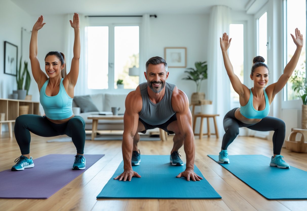 Three adults exercising together in a bright living room, performing bodyweight exercises without equipment.