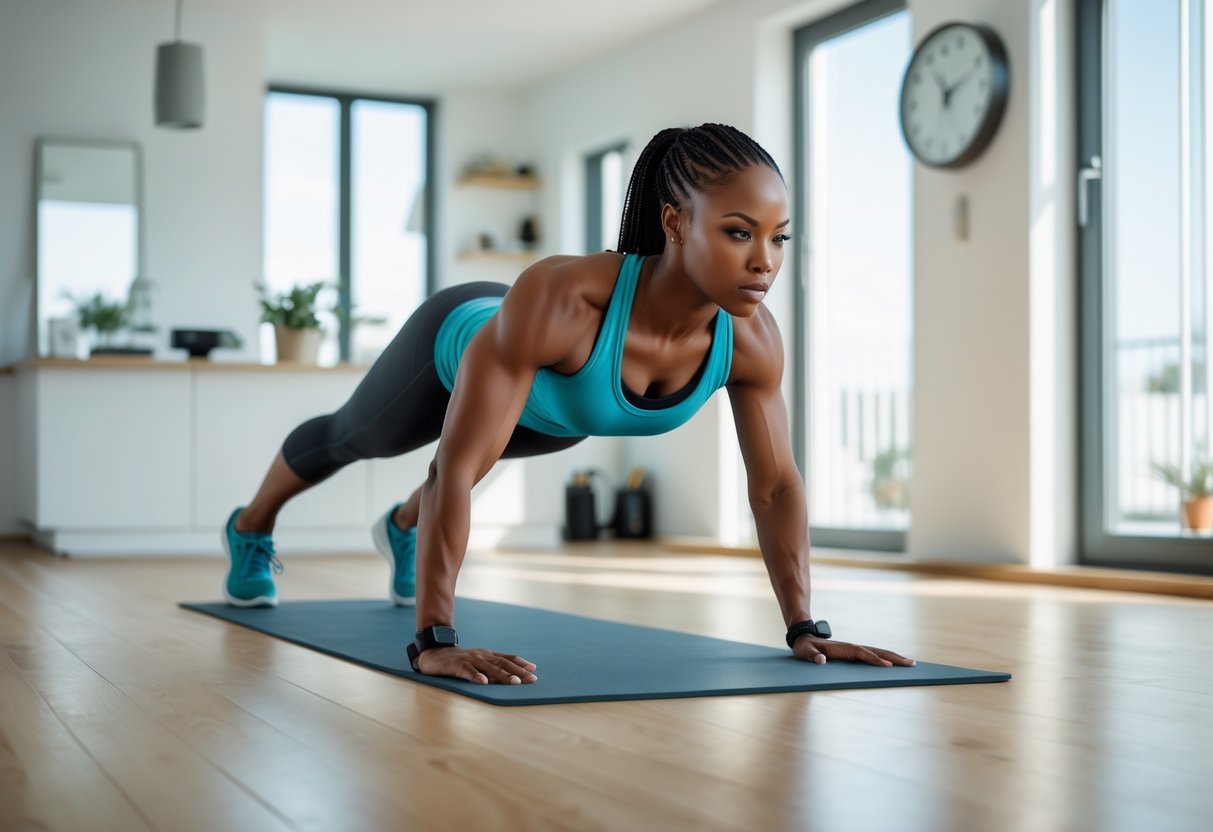 Showing home workout plan for busy schedules, a person exercising at home doing a bodyweight workout on a yoga mat in a bright, tidy room with natural light.