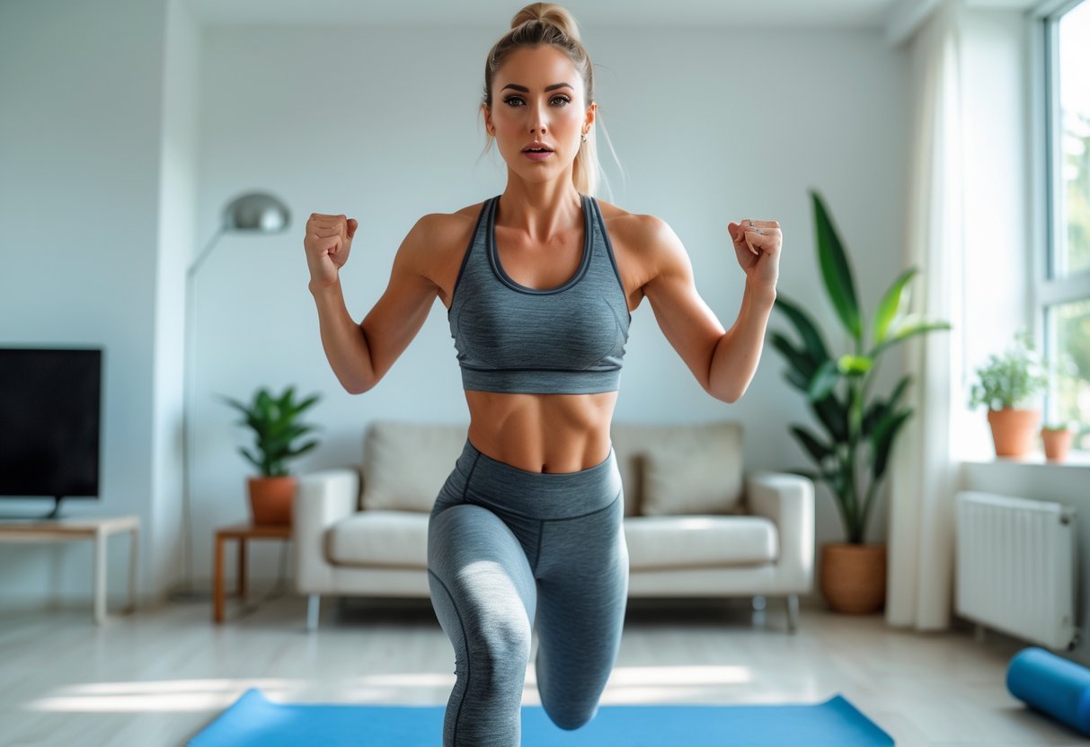 A young woman exercising energetically in a bright living room without any equipment.