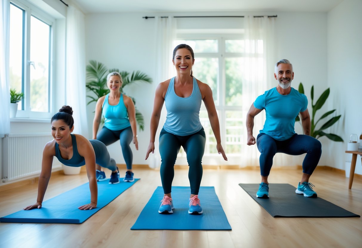 Three adults exercising in a bright home space doing bodyweight exercises without equipment.