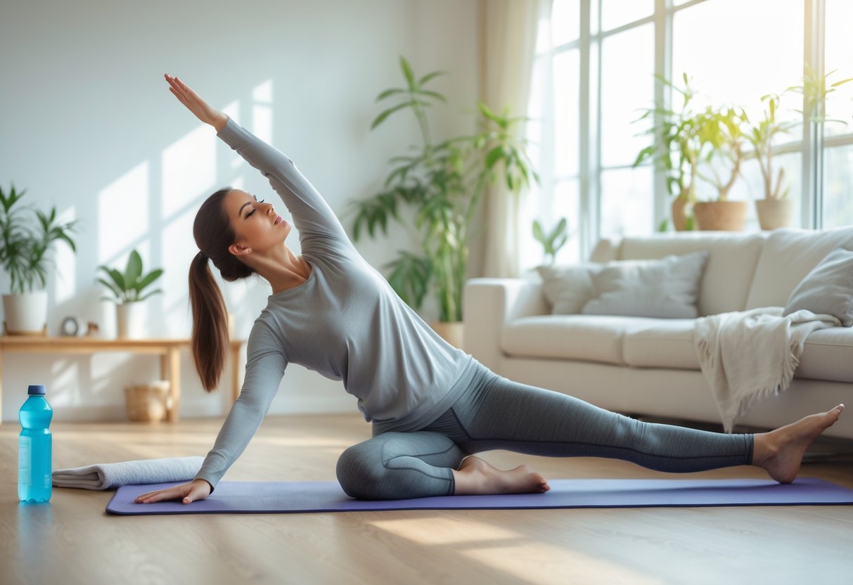 A young woman stretching on a yoga mat in a sunlit living room with plants and minimal decor.