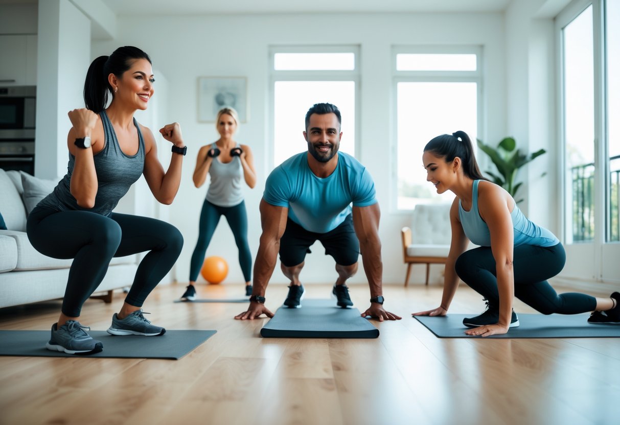 Three adults exercising together in a bright living room, performing bodyweight exercises without equipment.