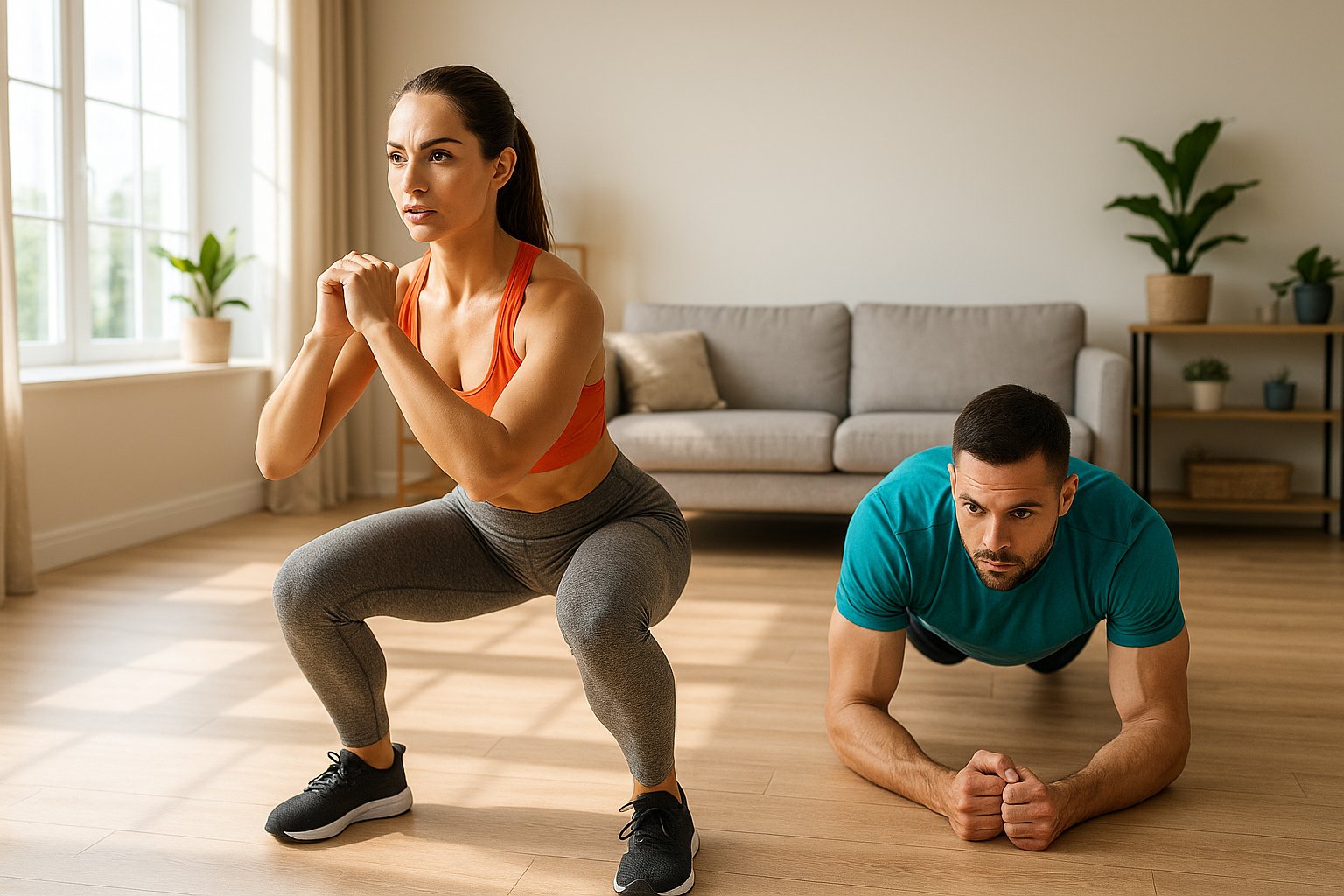 an image of a fit woman and man doing a no-equipment workout in a living room (bodyweight squats or planks), with bright lighting and motivational atmosphere.