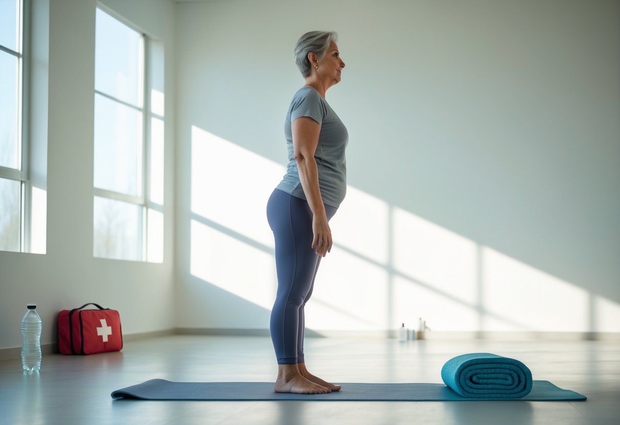 A person in athletic wear standing on a yoga mat indoors, preparing to do lower back stretches in a bright, clean room.