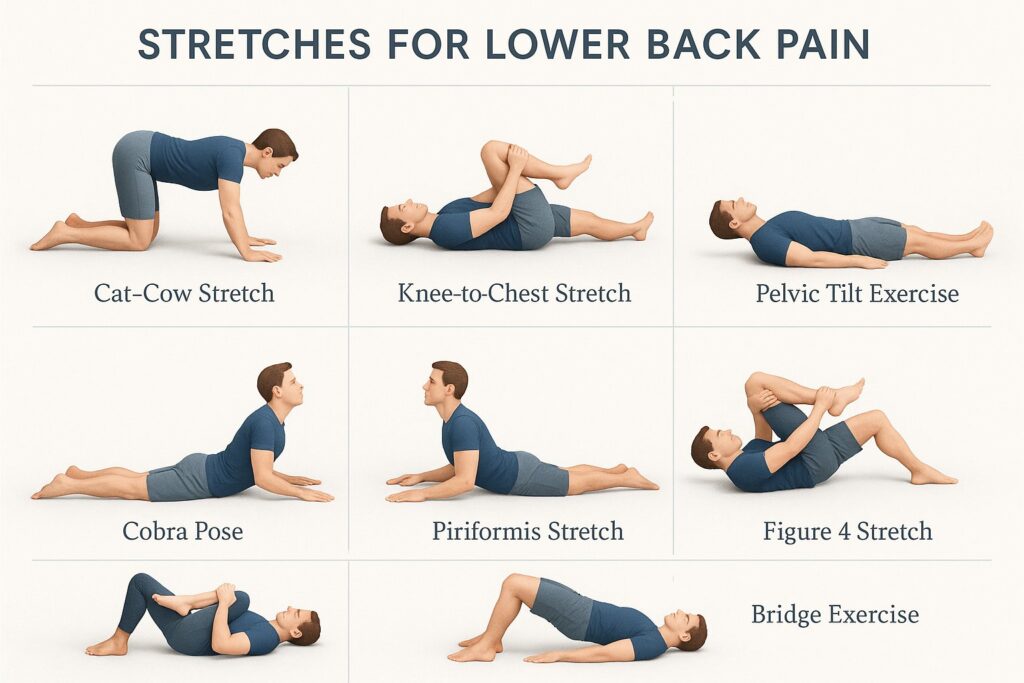 Collage of 7 stretching positions for lower back pain, labeled, clean infographic design. the stretches are Cat-Cow Stretch, Knee-to-Chest Stretch, Pelvic Tilt Exercise, Cobra Pose, Piriformis Stretch, Figure 4 Stretch and Bridge Exercise