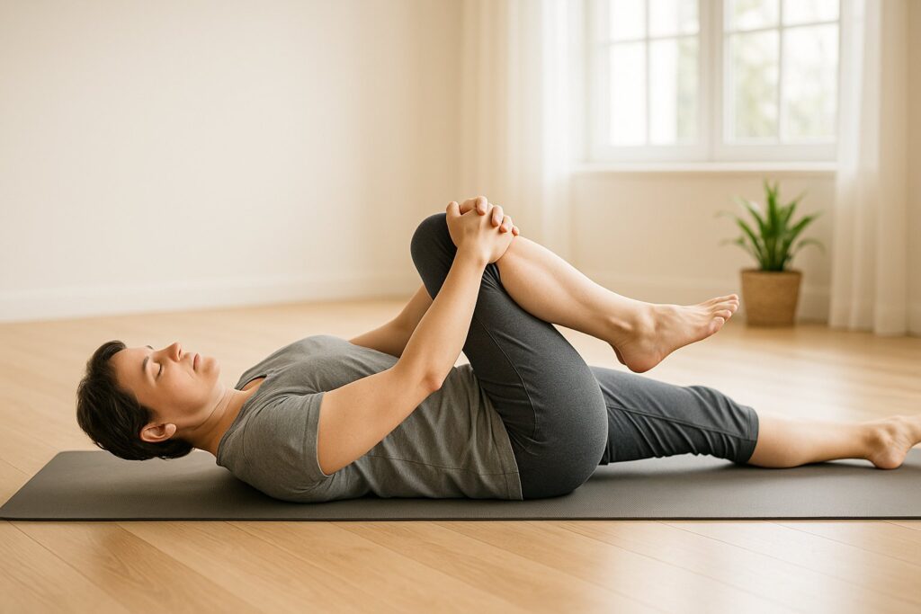 A person doing a gentle stretching exercise for lower back on a yoga mat in a bright, clean room with natural light.