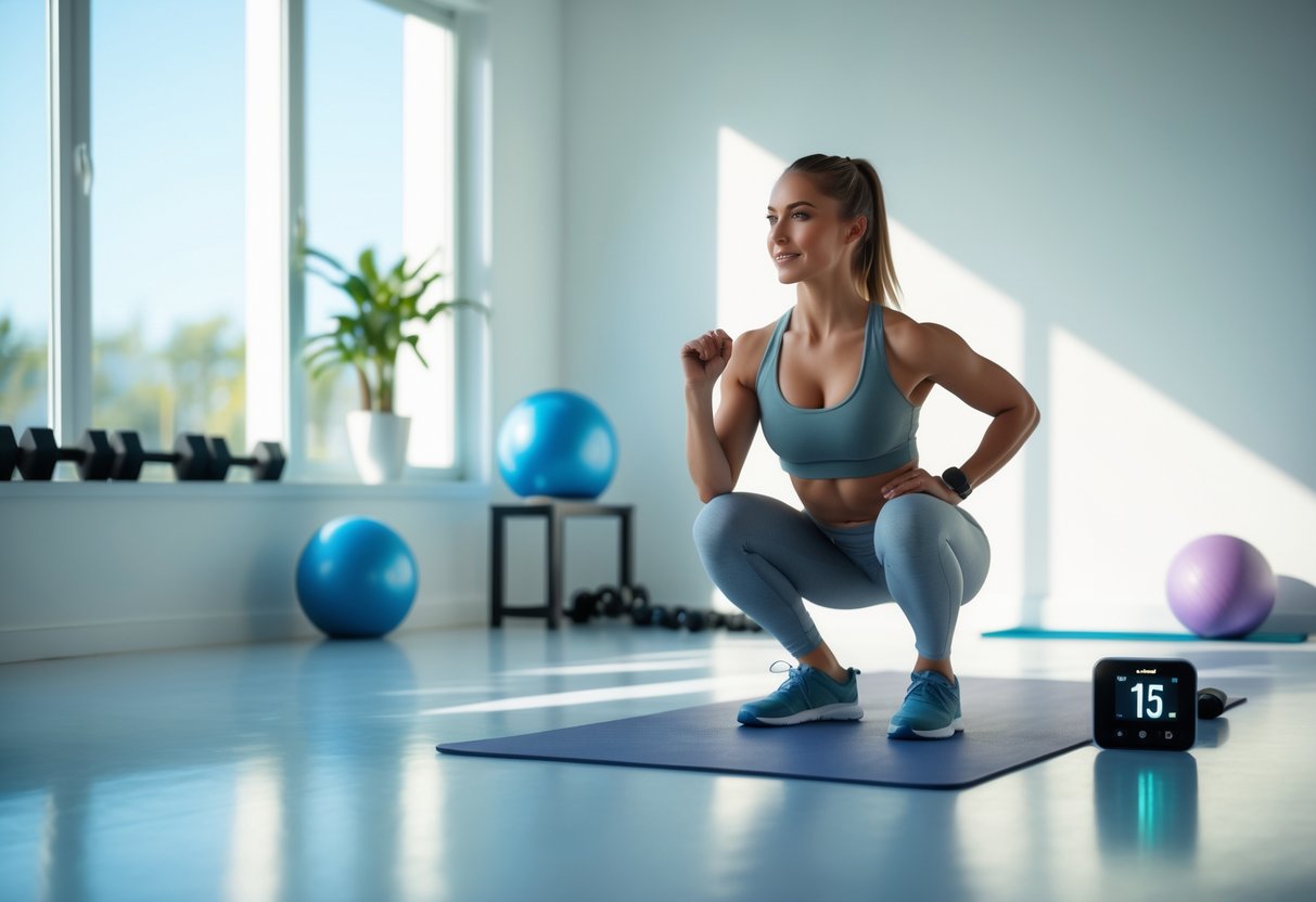A woman doing a low-impact exercise in a bright home workout space with fitness equipment nearby and a timer showing 15 minutes.