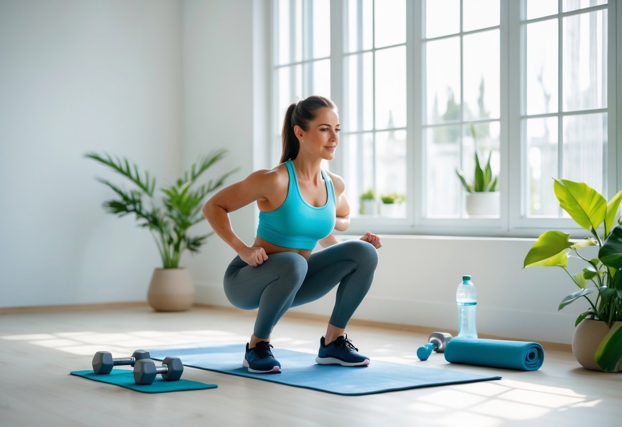 A woman doing a 15 minute home workouts with low-impact exercise on a yoga mat in a bright home workout space.