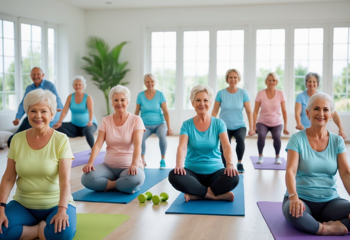 A group of older adults and beginners doing low-impact exercises in a bright living room with workout mats and light equipment.