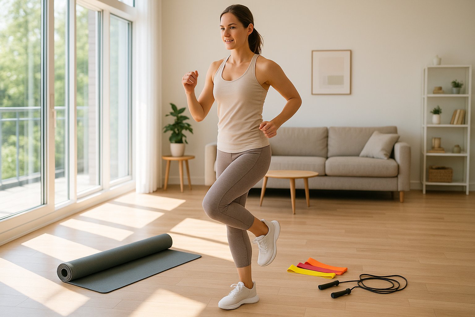 A bright, modern home setting with natural light streaming through large windows. In the foreground, a fit woman in her 30s is performing a low-impact standing exercise, such as step touches or hamstring curls, wearing comfortable activewear. Around her are minimal fitness props like a yoga mat, resistance bands, and a cordless jump rope. The background shows a cozy, clutter-free living room, emphasizing a realistic at-home workout environment. The style is high-resolution, vibrant, and motivating, suitable for a fitness blog banner.