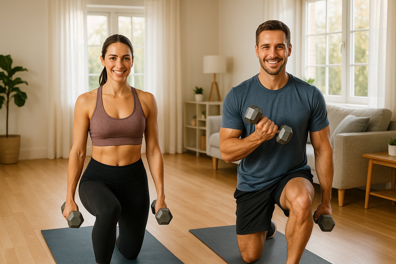 A fit man and woman performing safe home workouts in a bright living room, using minimal equipment, with proper form and smiling, cinematic lighting, ultra-realistic style.