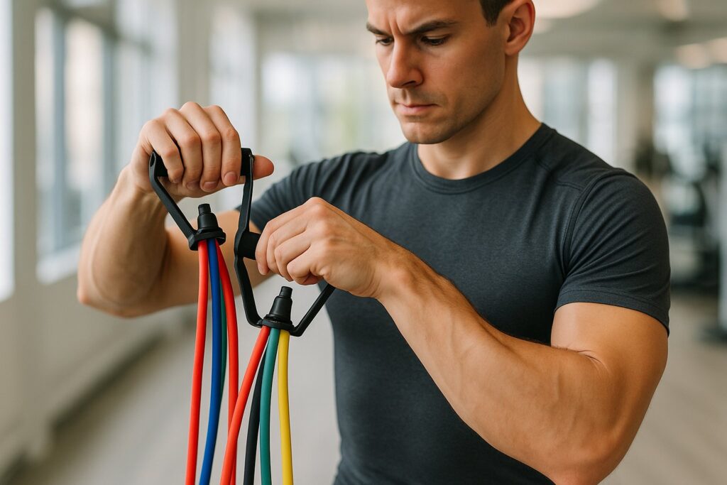 Close-up of a person adjusting resistance bands, maintaining good posture.