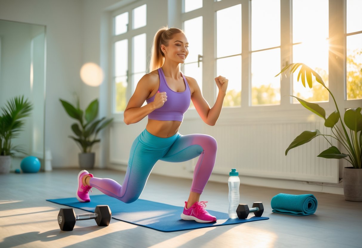 A young woman exercising on a yoga mat in a bright home gym with sunlight and plants around her.