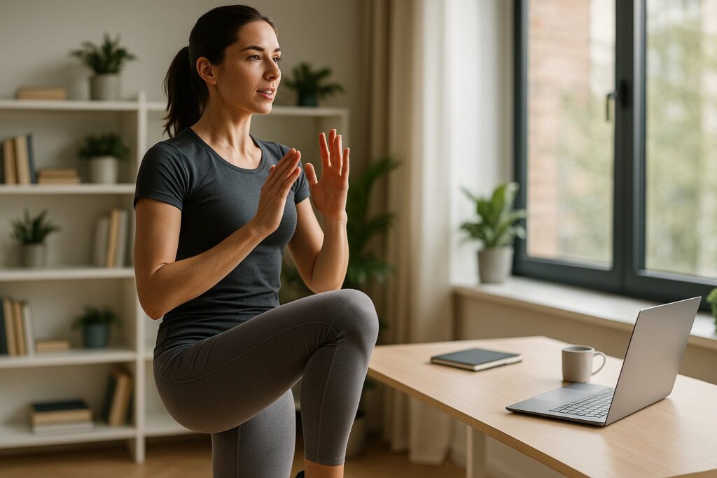 Busy professional doing a quick 15-minute workout in workout clothes next to their laptop/desk.