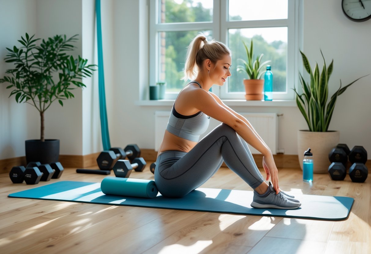 A person preparing to exercise in a bright home workout space with a yoga mat, dumbbells, and natural sunlight.