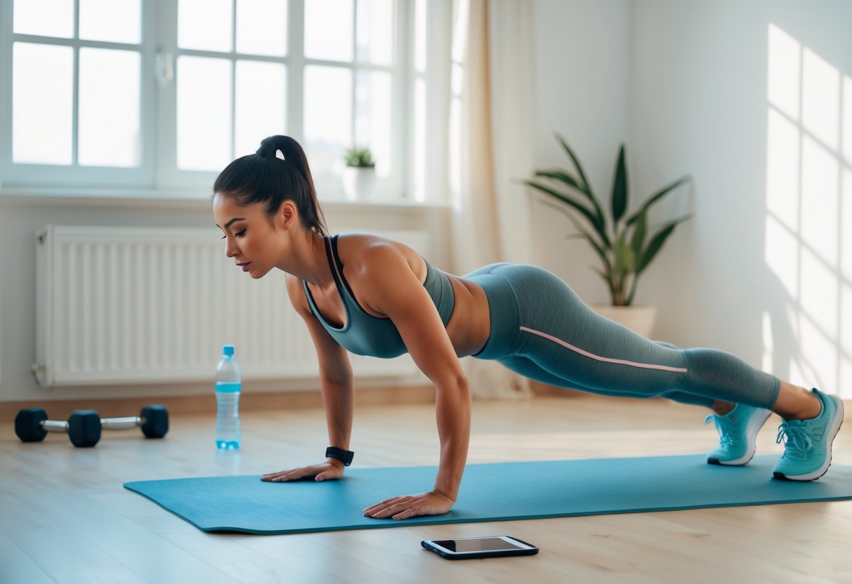 A woman exercising on a yoga mat in a bright, tidy home gym with workout equipment and a digital device nearby.