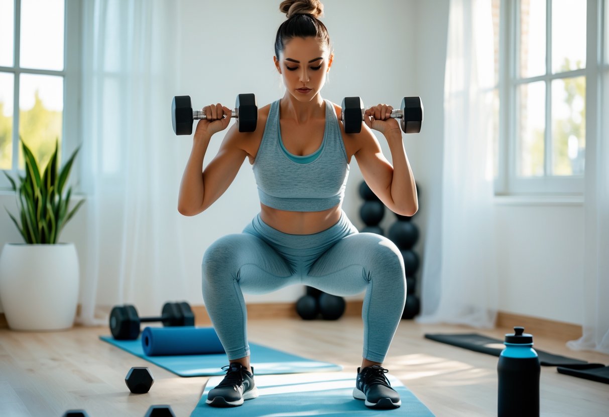 A person exercising in a bright home gym with workout equipment and natural light.