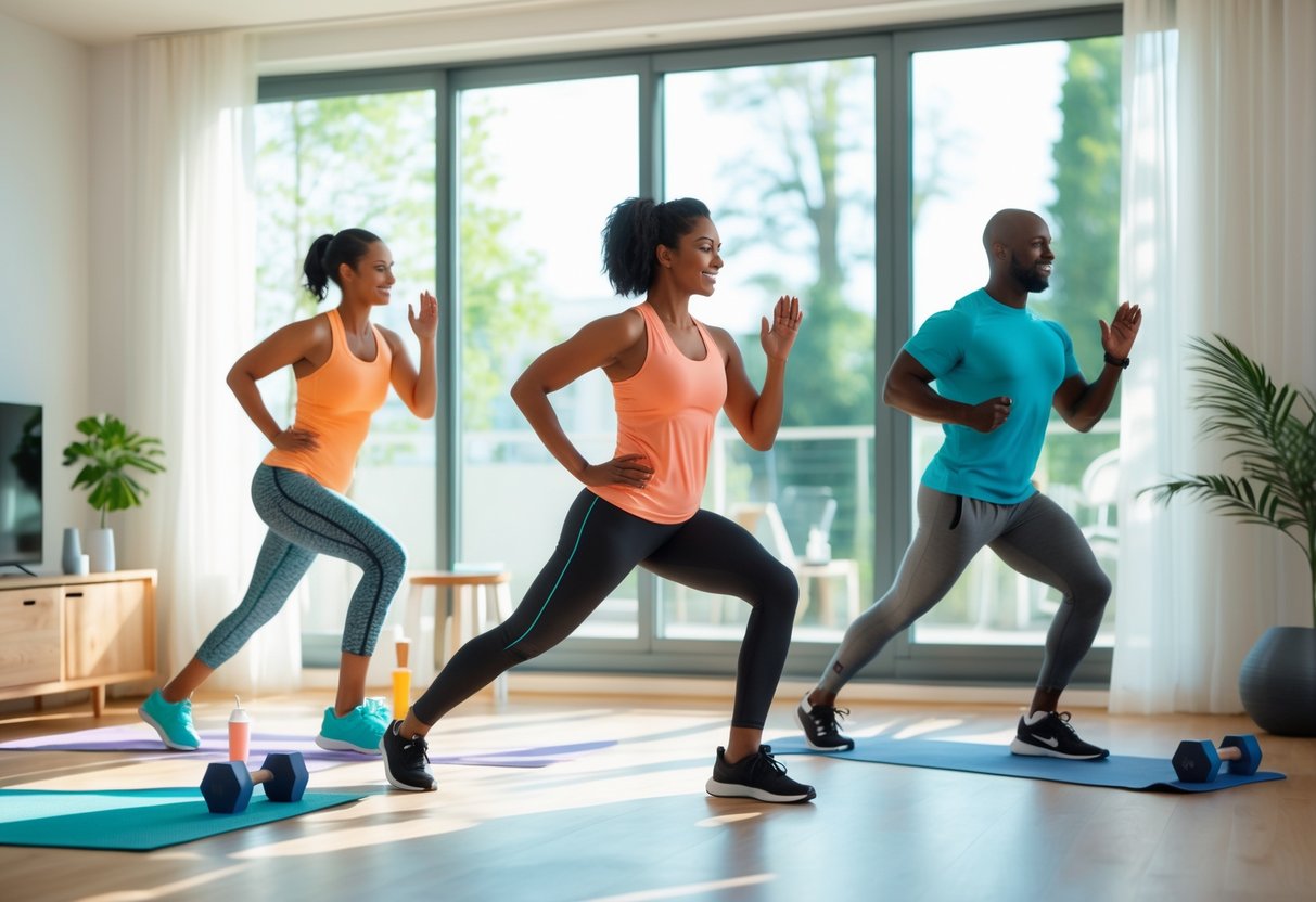 Three adults doing warm-up exercises in a bright living room with workout gear nearby.