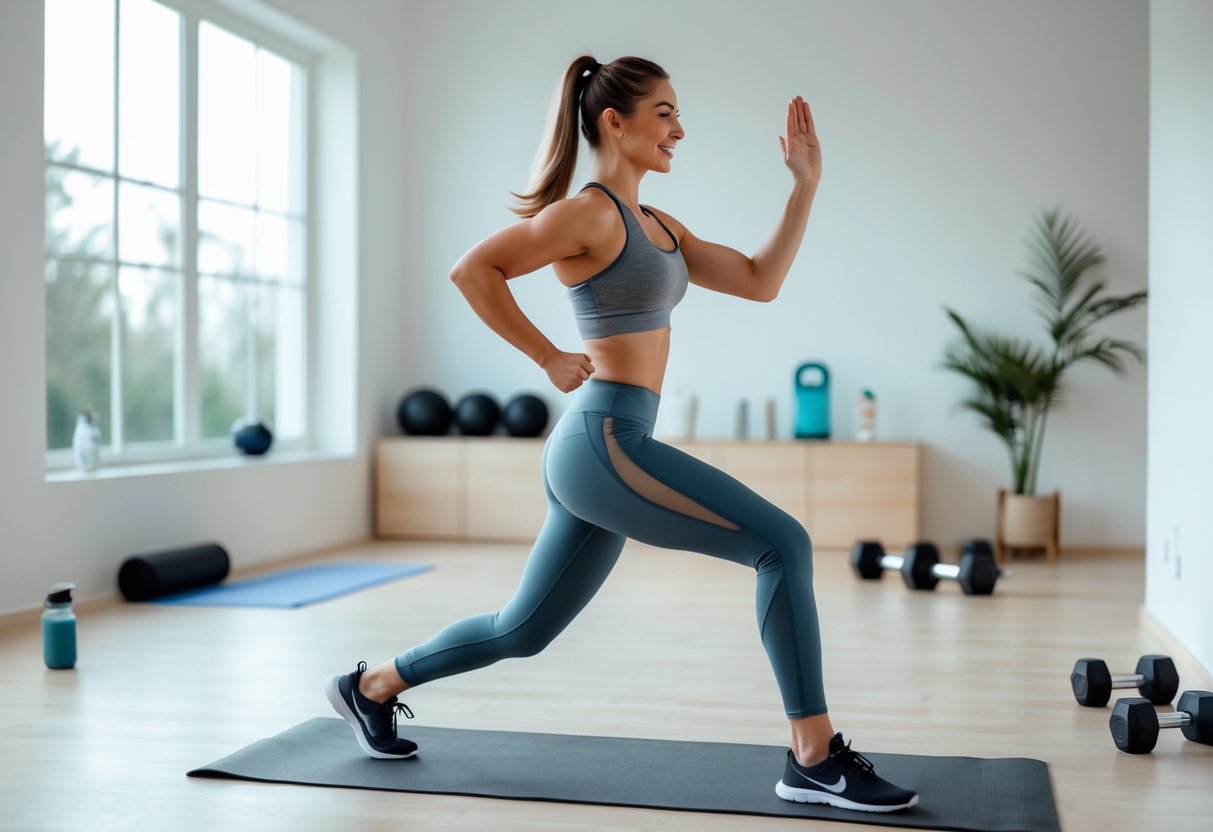 A young woman performing dynamic warm-up exercises in a bright home workout space with workout accessories in the background.