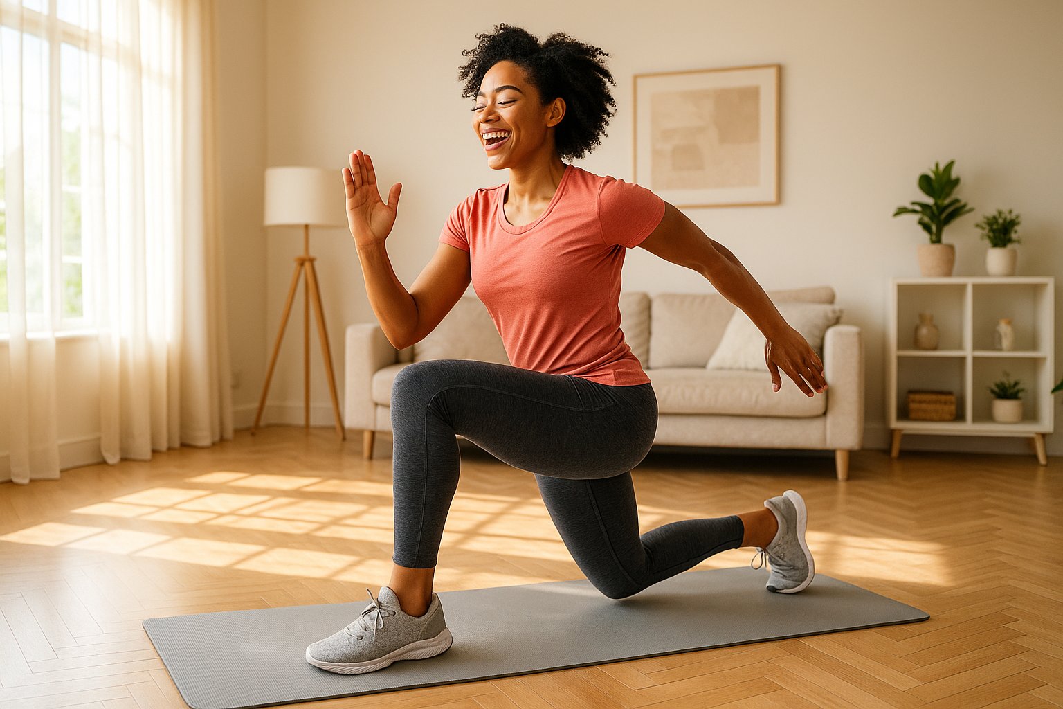 Energetic person doing dynamic warm-up stretches at home in a bright living room — fitness mat, natural sunlight, motivational vibe — realistic fitness photography.