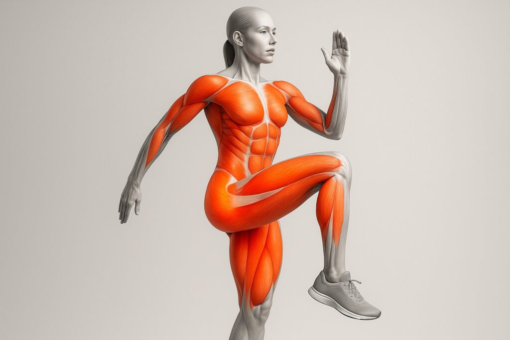 Illustration of body muscle groups activated during dynamic warm up exercise.