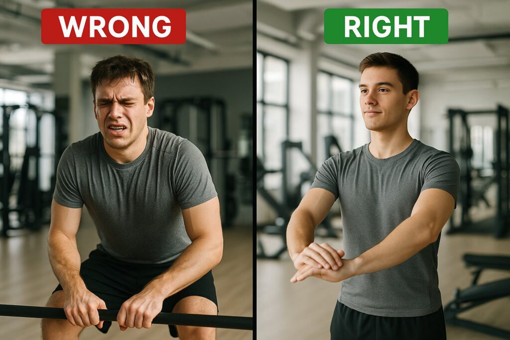 Person skipping warm-up and jumping into workouts, looking strained — wrong vs. right comparison.