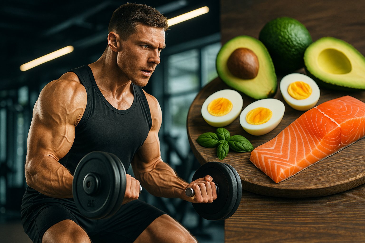 Athletic man lifting weights with keto foods like avocado, eggs, and salmon in the background, energetic lighting, professional tone.